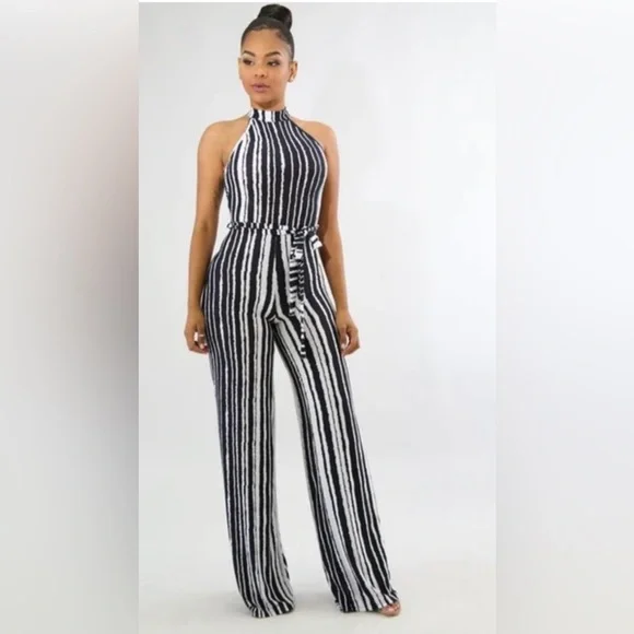 Black White Striped Belted Jumpsuit